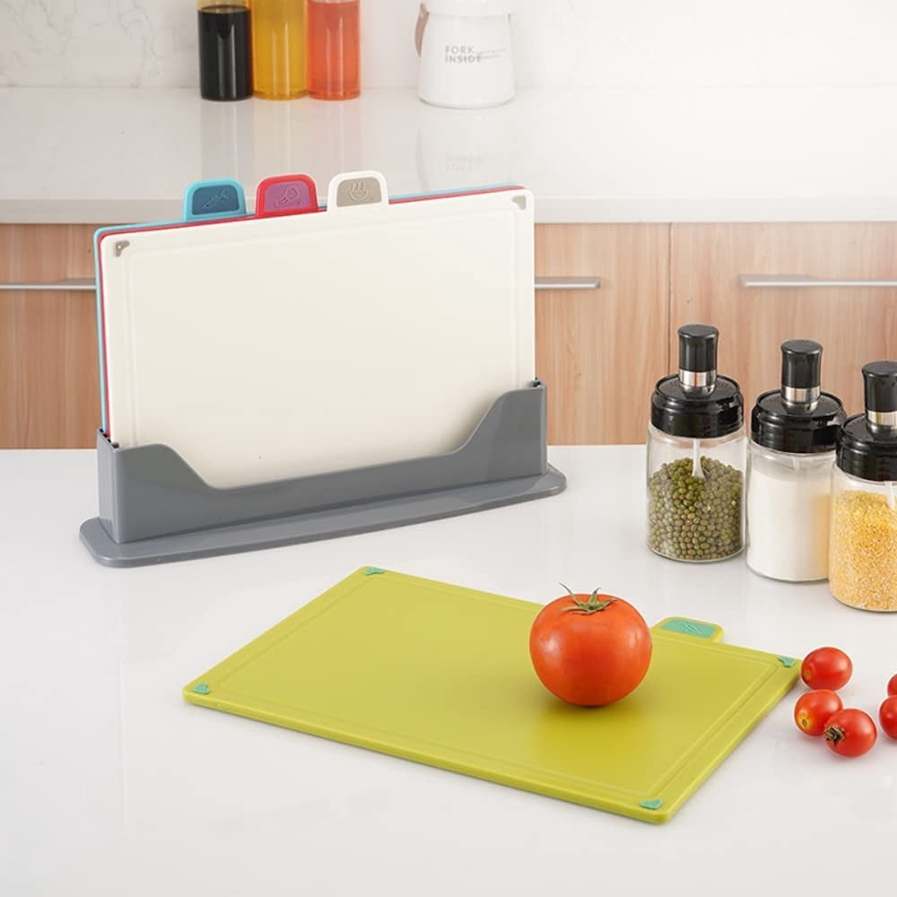 NOGIS Kitchen Artist | 4 pieces Color-Coded Plastic Cutting Board Set with stand | Keep Kitchen Organized | Separate Cooked and Food | Compact & Save Space