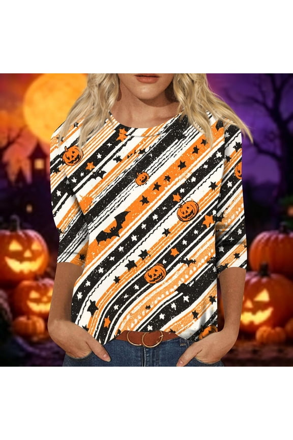 Halloween Shirts for Women Castle Tops Bat Crew Neck Funny Shirts 3/4 Sleeve Cute Witch Shirts, L