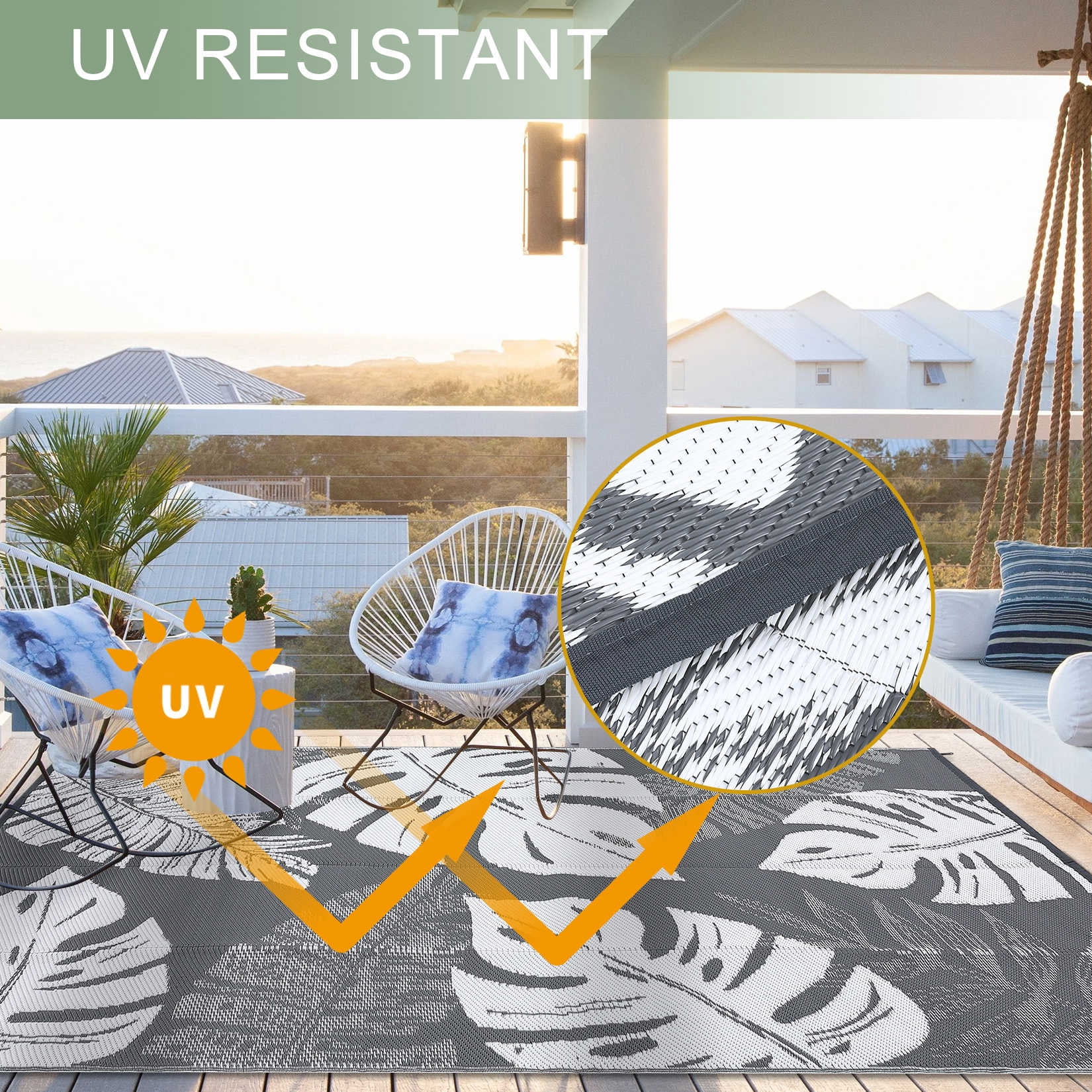 5*8ft/6*9ft/9*12ft/8*10ft/9*18ft/10*14ft/10*20ft Plastic Straw Rug Outdoor Rug Modern Leaves Area Rug Waterproof Patio Rug Outdoor Camping Rug for RV Porch Deck Camper Balcony Backyard