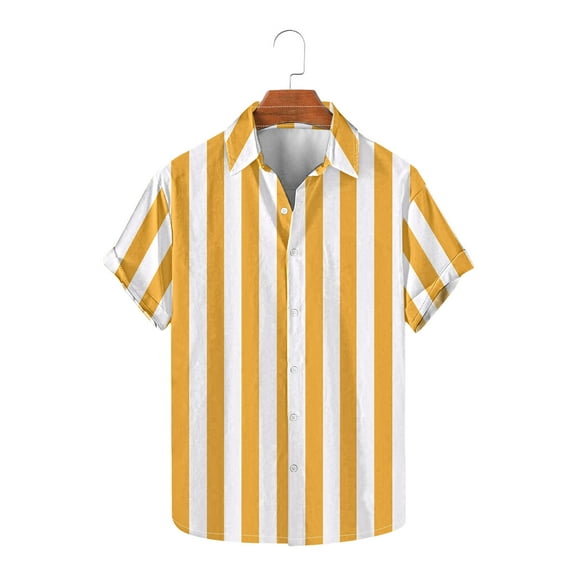 Shirts for Men Plus Size Short Sleeve Stripe Turndown Collar Button Shirt Tops Orange M