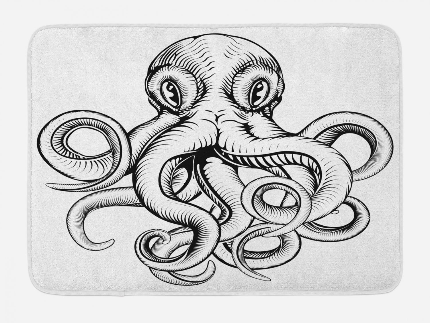 Octopus Bath Mat, An Illustration of An Octopus in A Dynamic Woodblock Style Monochromic Artwork