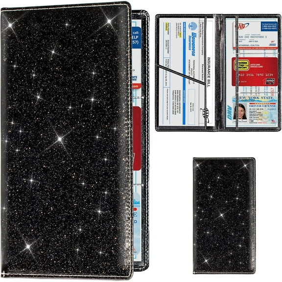 Car Registration and Insurance Card Holder, Vehicle License Document Glove Box Compartment Organizer, Interior Car Accessories for Women Men Teens (Glitter Black)