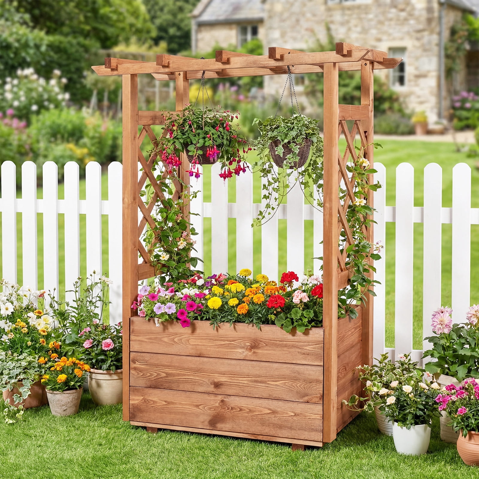 Gymax Wooden Raised Garden Bed/ Lattice Trellises Hanging Roof Drainage Indoor Outdoor