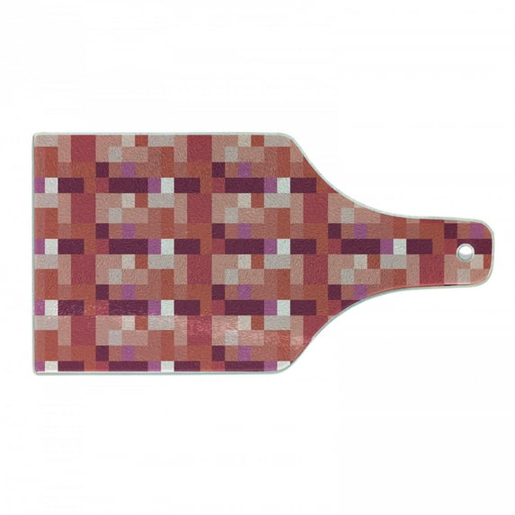 Peach Cutting Board, Geometrical Design Squares with Various Shapes and Sizes Colorful Image Abstract, Tempered Glass Cutting and Serving Board, Wine Bottle Shape, Purple Coral, by Ambesonne