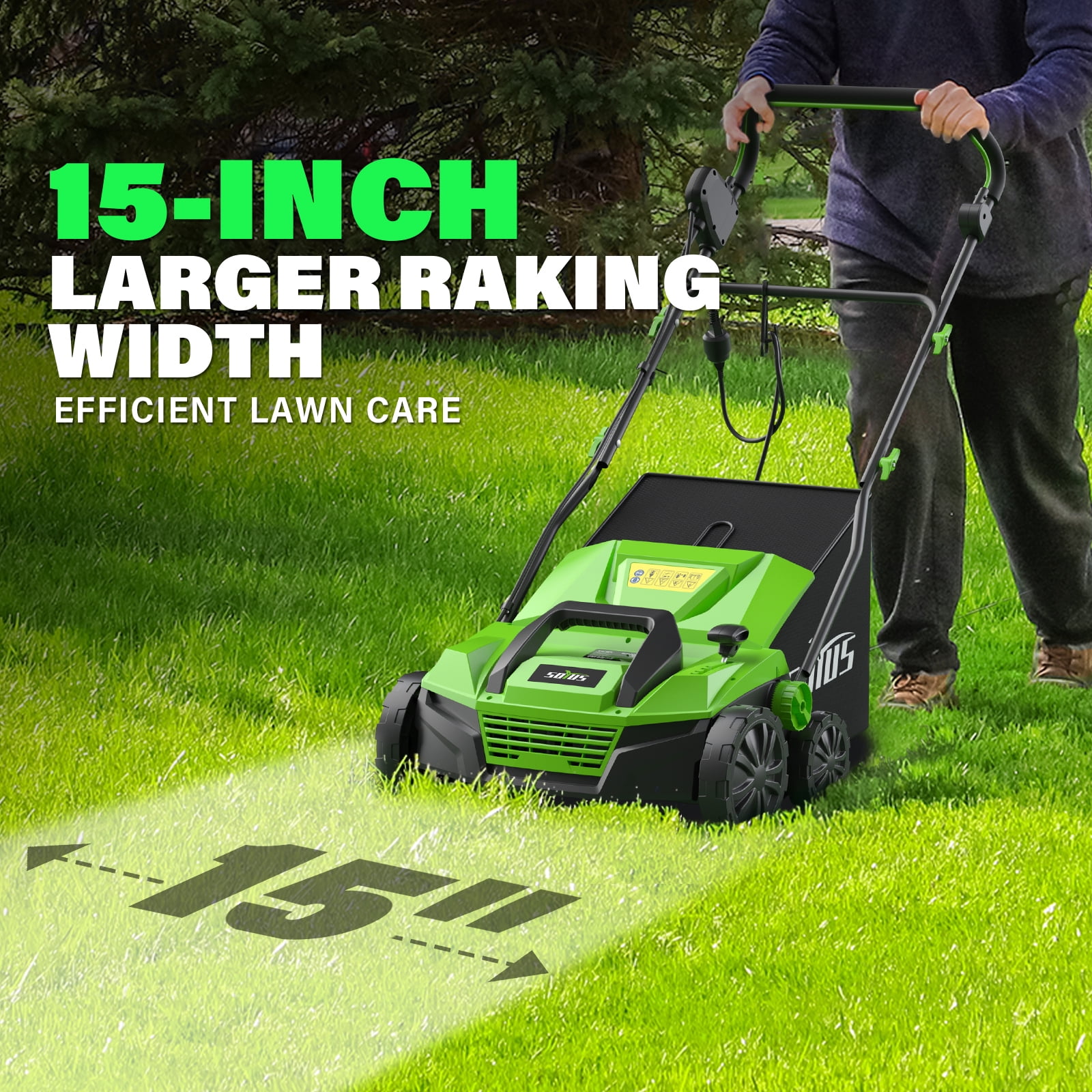 SOYUS 15-Inch 13-Amp Electric Dethatcher and Scarifier with 45L Removable Thath Collection Bag, Corded Lawn Dethatcher with 5-Position Depth Adjustment, Quick-Fold, Increases Lawn Health