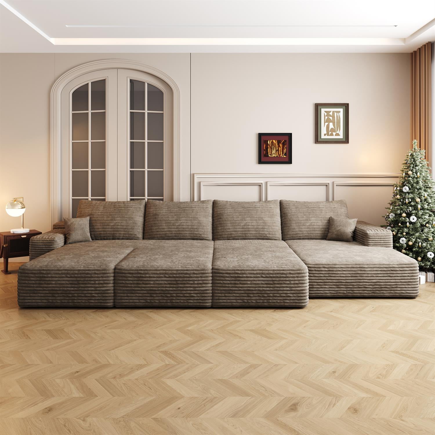 Demi Bonn 135" Spacious Modular Cloud Sofa, Plush Corduroy Fabric, 6 Seats Convertible Sofa Bed for Living Room & Apartment, Down-Filled, No Assembly, Right Chaise Beige