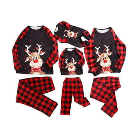 

Viworld Christmas Family Pajamas Outfit 2Pcs Reindeer Pattern Pullover Plaid Pajama Pants Set Nightwear