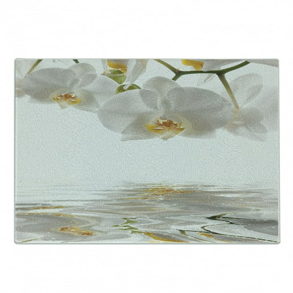 Flower Cutting Board, Pure Romantic Orchids Branch on Rippling Water Print, Decorative Tempered Glass Cutting and Serving Board, in 3 Sizes, by Ambesonne