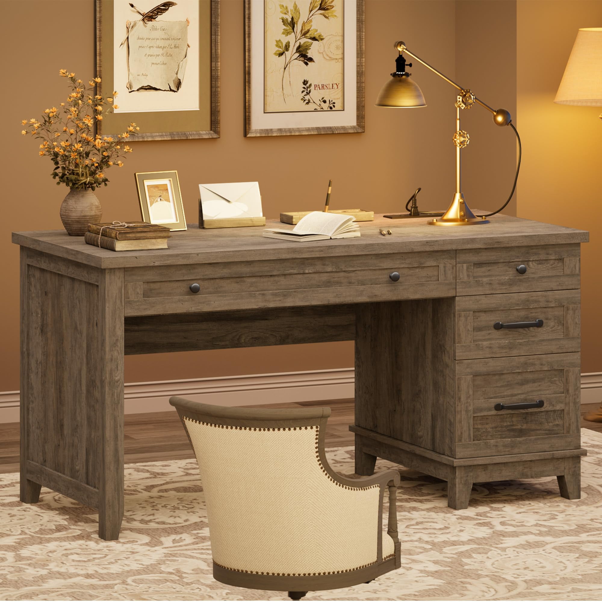Farmhouse Executive Desk with Drawers, 53.54 in Home Office Desk with Charging Station, Wooden Computer Desk with File Cabinet Storage for Work Study Writing, Rustic Gray