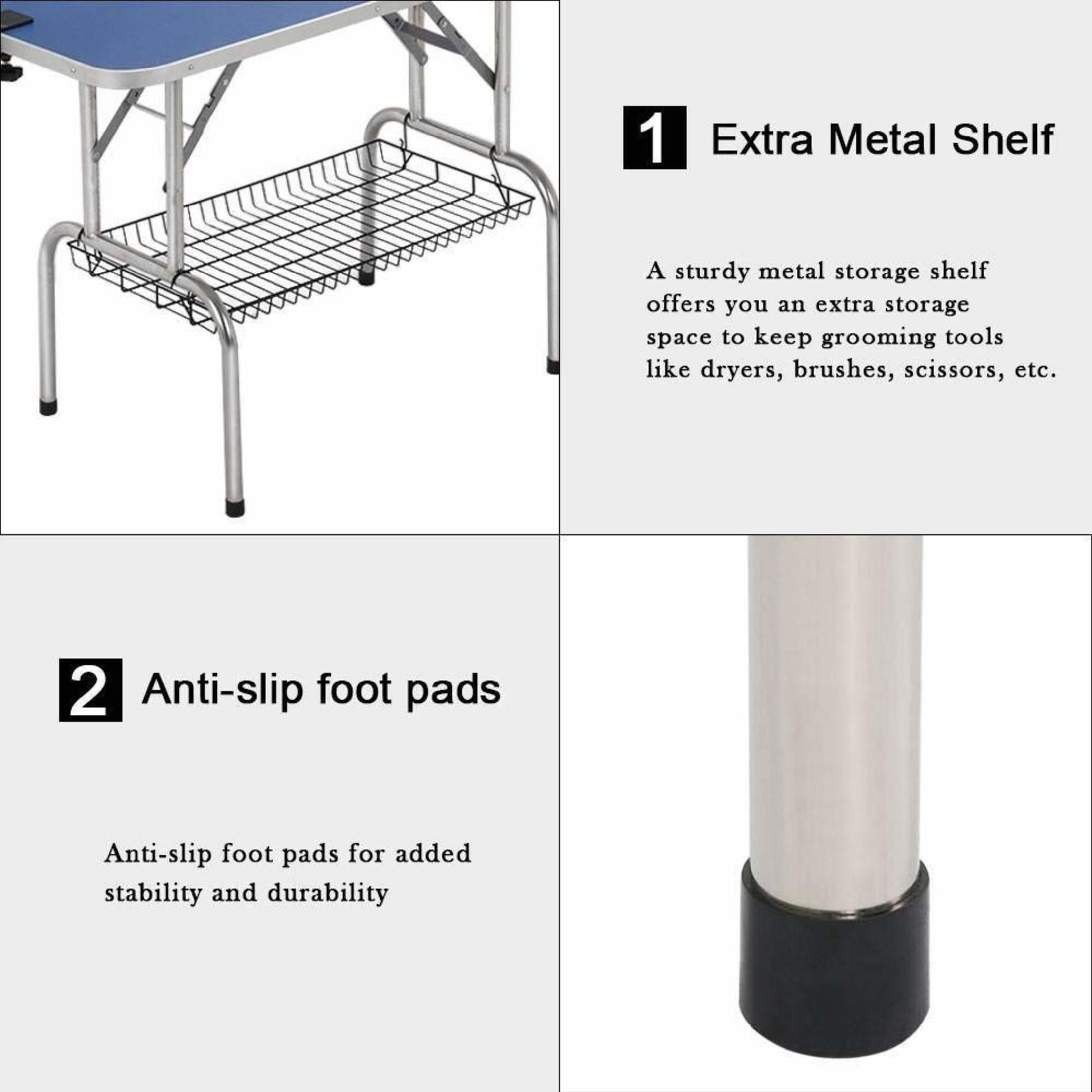 Noble House 46" Folding Dog Pet Grooming Table with Adjustable Arm, Stainless Steel Frame, Non-Slip Rubber Top, Blue