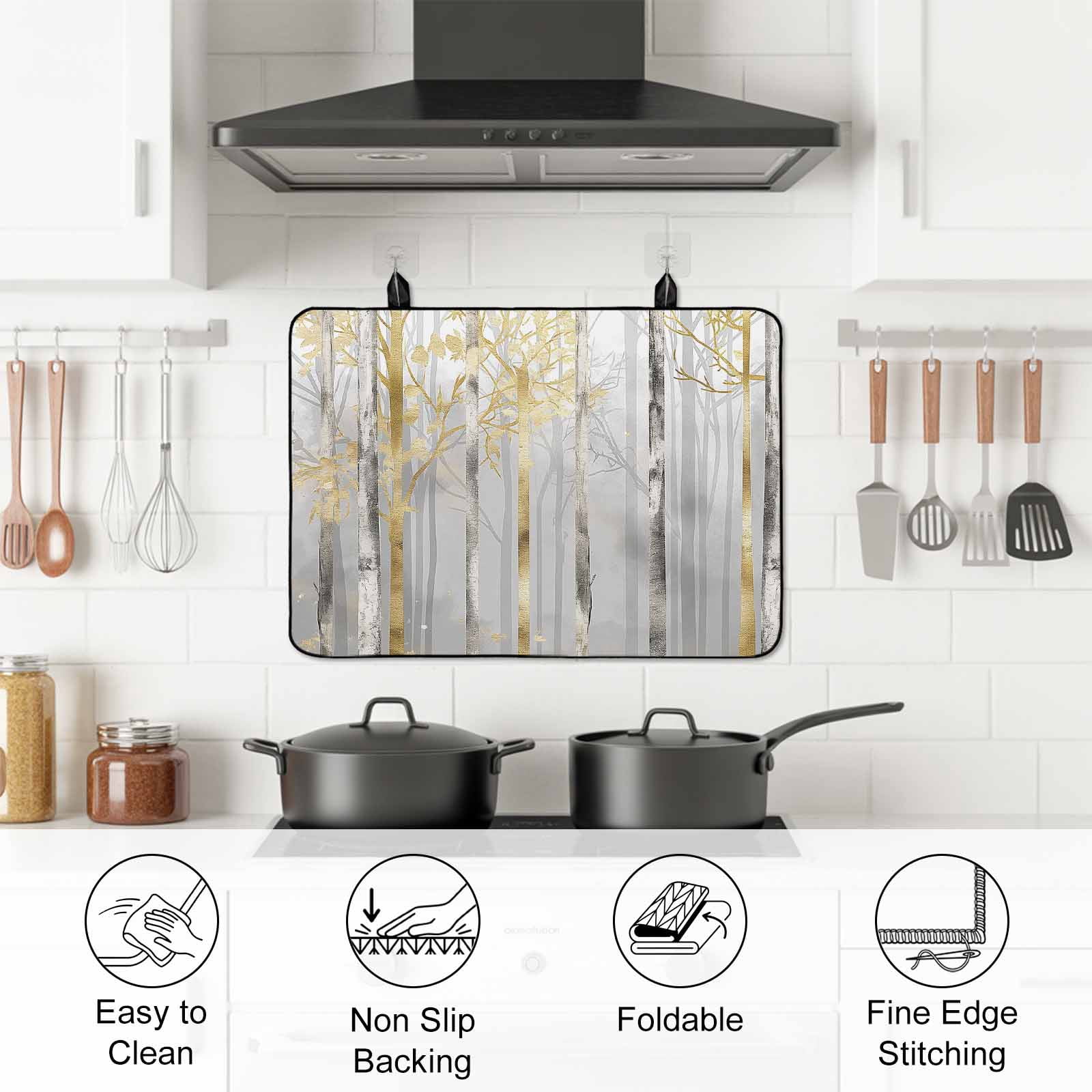 Golden Grey Tree Stove Top Cover for Electric Stove, Heat-proof & Non Slip Glass Top Stove Cover Protector, Oil Painting Forest Abstract Art Kitchen Flat Cooktop Rubber Mat 24x21 Inches