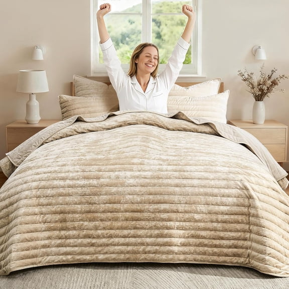 Velvet Quilt King Size, 106x98 Oversized Bedding Set, Luxury Cream Beige Striped Comforter