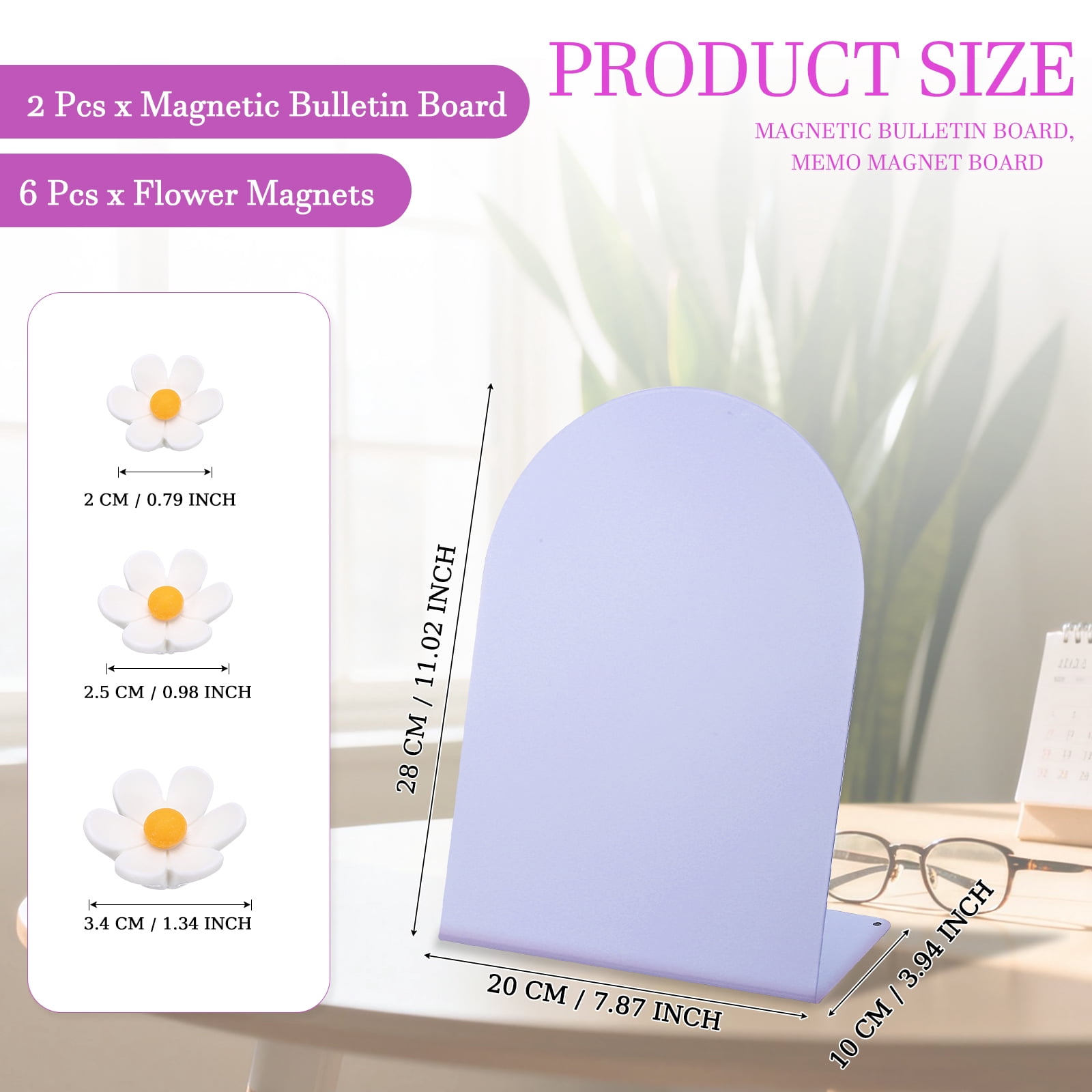 Uxcell 2 Pcs Magnetic Bulletin Board, Memo Magnet Display Stand Board with 6 Flower Magnets for Home Office Kitchen, Purple/White