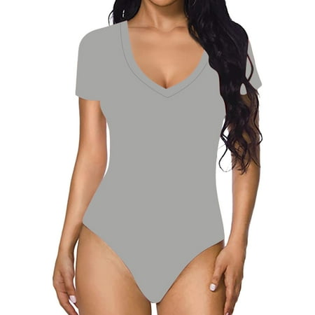Jumpsuit Women Casual Sexy Tight Solid Color V Neck Short Sleeved Bodysuit Gray Women S Polyester Jumpsuit S