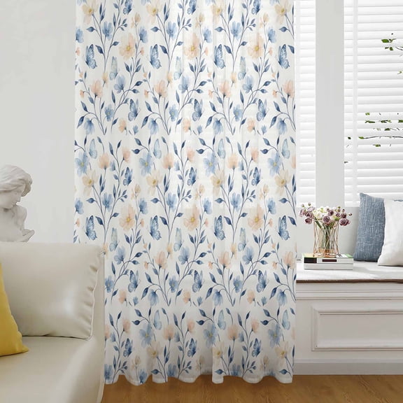Blue Pink Flowers Sheer Curtains 72 Inches Long for Living Room/Bedroom, Spring Floral Elegant Pastoral Watercolor Rod Pocket Voile Kitchen Curtains & Drapes Window Treatment 1 Panel, 52"W x 72"L