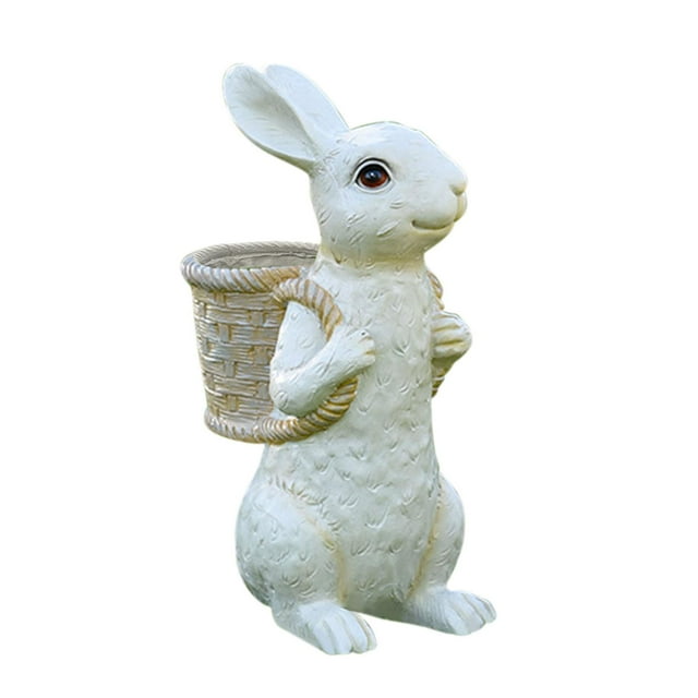 Estatuilla de conejo de Pascua, maceta de jardín, decoración de balcón, adorno hecho a mano para exteriores, multiusos para interiores y exteriores Blanco