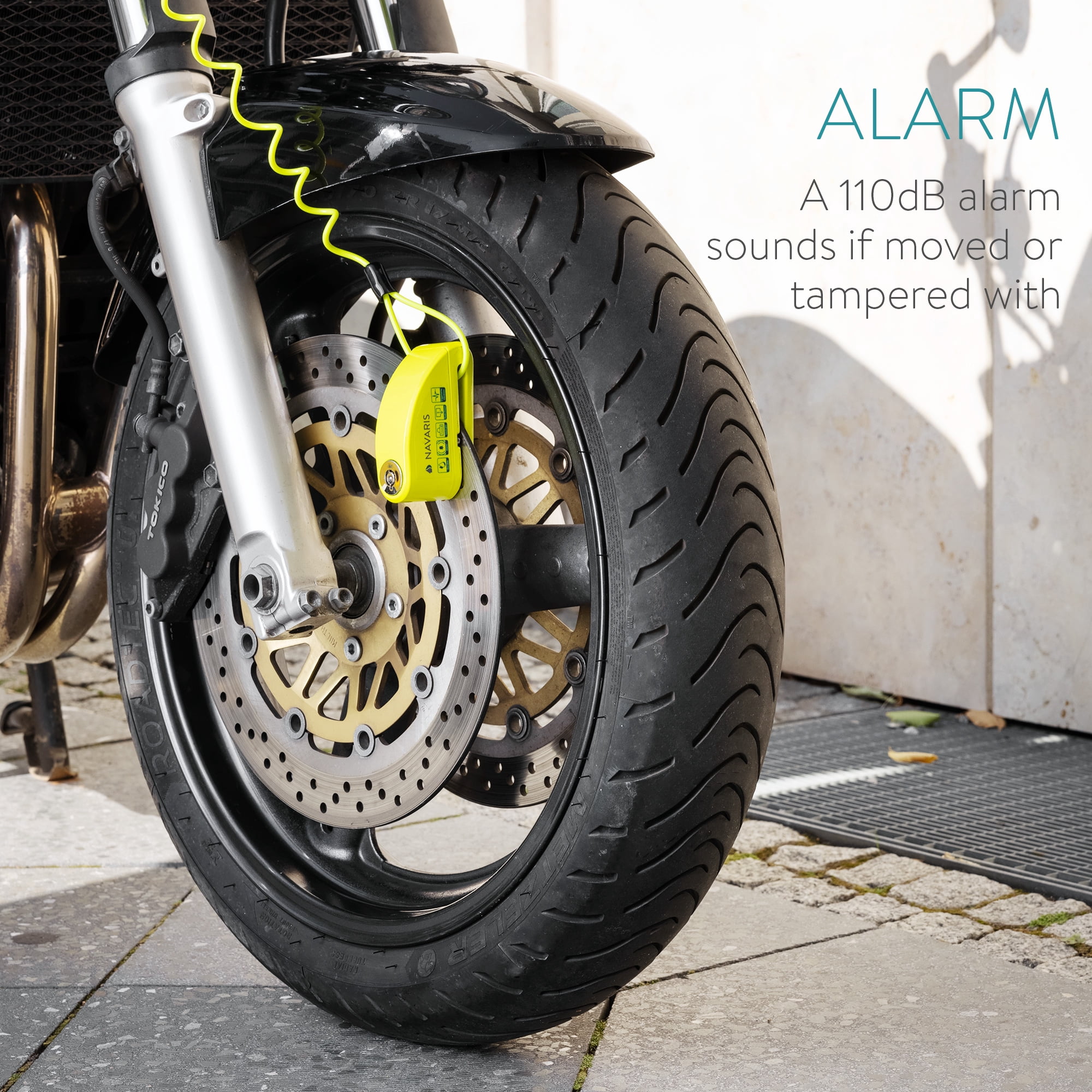 Navaris Motorcycle Disc Lock with Alarm - 110dB Anti-Theft Brake Wheel Caliper Lock with 4FT Reminder Cable for Motor Bike, Scooter, Moped - Green