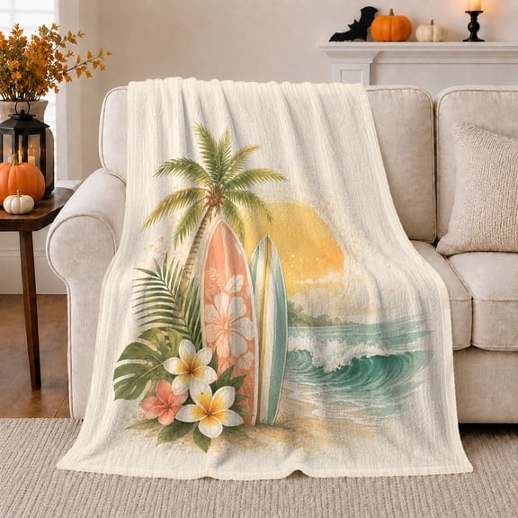 Surfboards with Palm Tree and Plumeria, Sunny Beach Style for Surf Lovers, Golden Sunset Wave Scene and Birthday Gift, Soft Flannel Blanket for Sofa and Sunroom, Coastal Home Decor