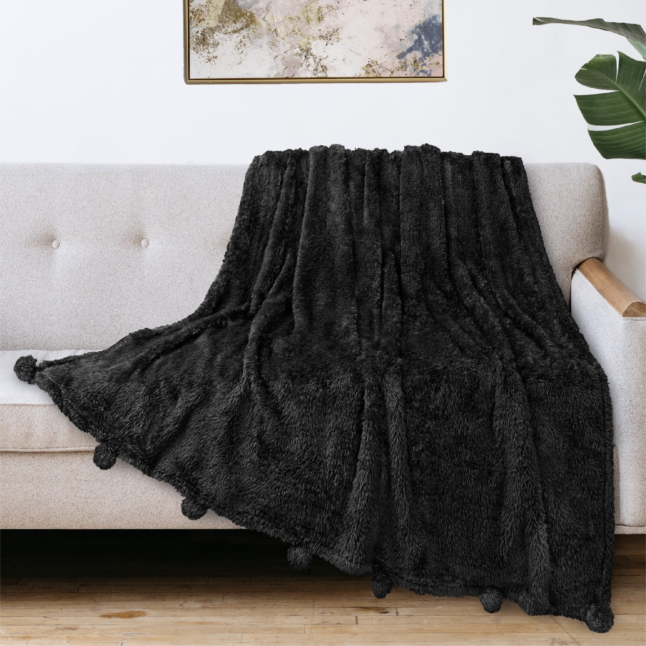 PAVILIA Black Sherpa Throw Blanket with Soft Pom Pom Fringe, Plush Cozy Warm Blankets for Couch Bed Sofa, Fuzzy Fleece Throw with Pompom, Lightweight Fluffy, Black 50x60 in