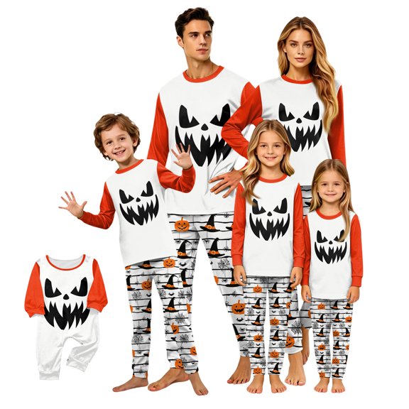 Halloween Pajamas, Halloween Matching Family Pajamas White Halloween Pumpkin Print Long Sleeve Two Piece Pj Set Festive Sleepwear Nightwear Loungewear Holiday Family Photos
