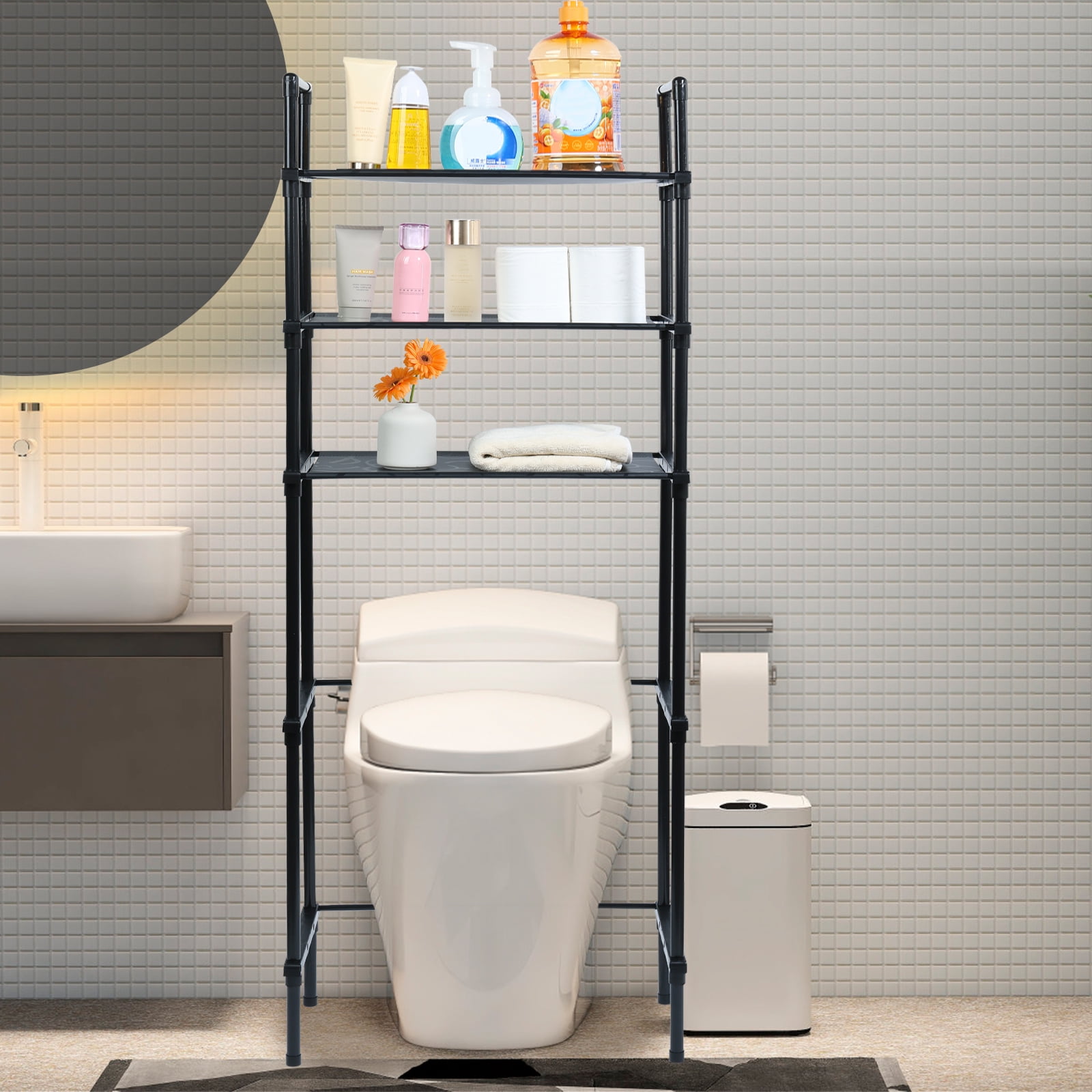 Dznils Over the Toilet Storage Shelf, 3-Tier Steel Bathroom Storage Organizer Space Saver, Black