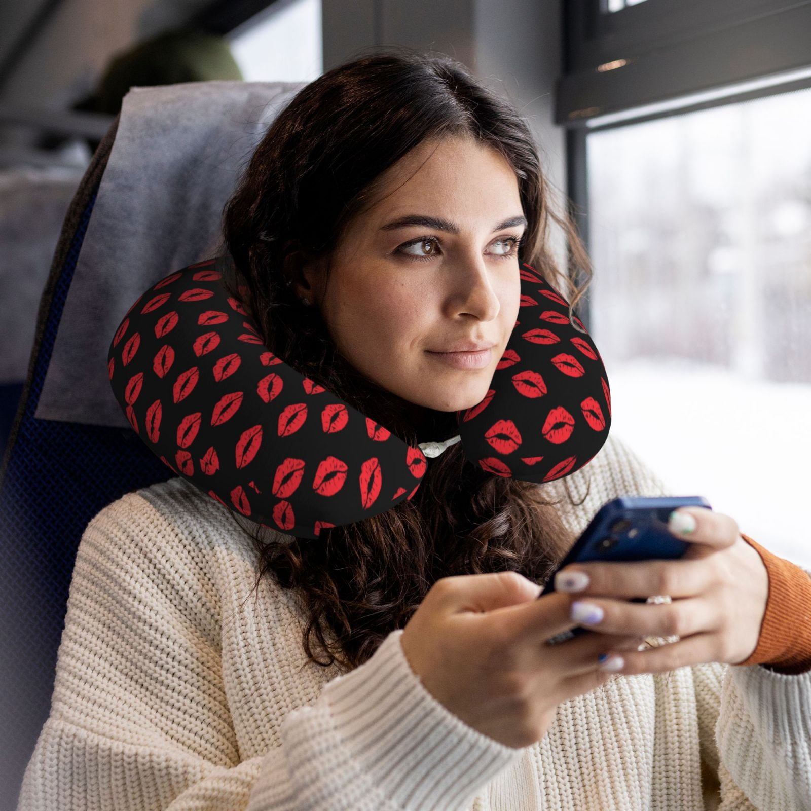 Xecao Sexy Red Lips Kiss Print Memory Foam Cervical Neck Pillow Versatile U-Shaped Pillows for Home,Office,Camping,Travelling,Soft Washable Cover