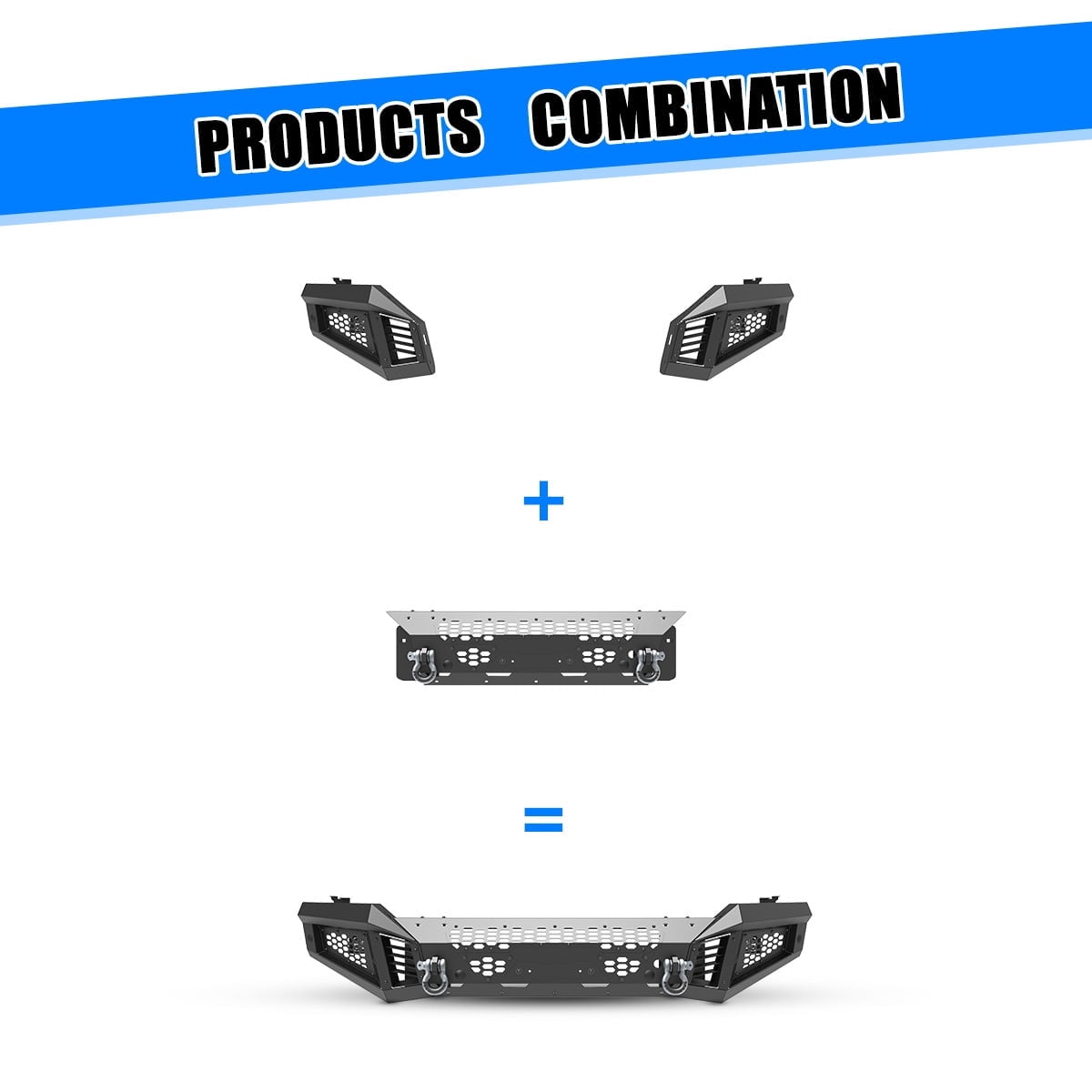 Modular 2 IN 1 Front Bumper + Side Wings For 2019-2024 Ram 2500 3500 Includes a set of 4" pod lights and D-Rings,w/Mounting Hole for Parking Sensors,w/Winch Cable Guide Hole