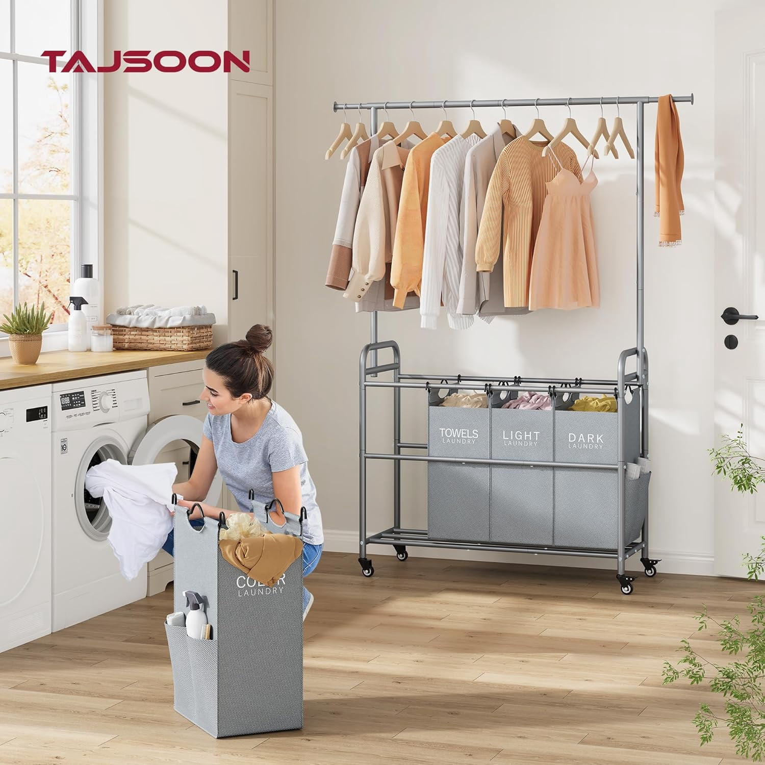 Laundry Sorter with Hanging Bar, 4 Section Rolling Laundry Hamper with Heavy Duty Lockable Wheels, Laundry Sorter Cart for Bathroom & Bedroom, Gray