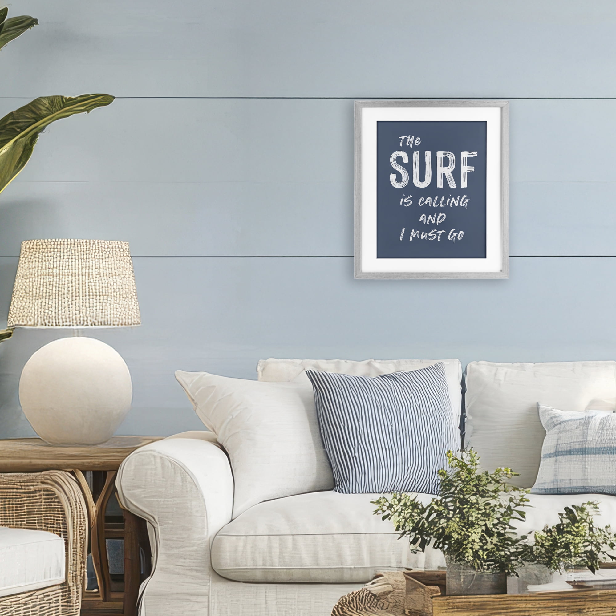 Surf Is Calling Must Go Gray Framed Print Under Glass, design by Lettered and Lined
