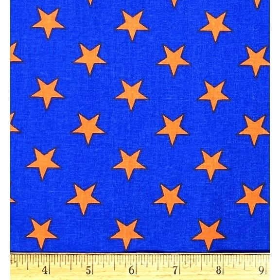1 Fat Quarter - Orange Stars on Blue Cotton Fabric - 21" X 18"