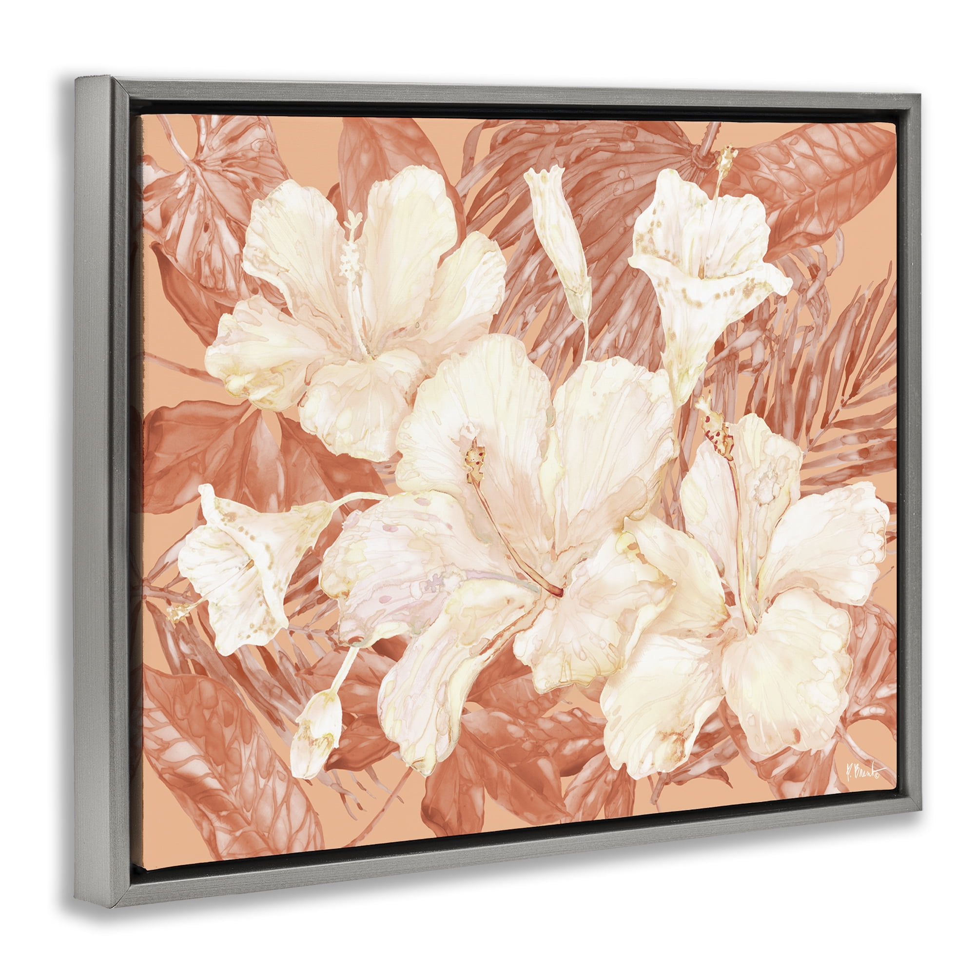Stupell Industries Bright Hibiscus Bundle Plants & Flowers Painting Gray Floater Framed Canvas Art Print Wall Art, 31 x 25