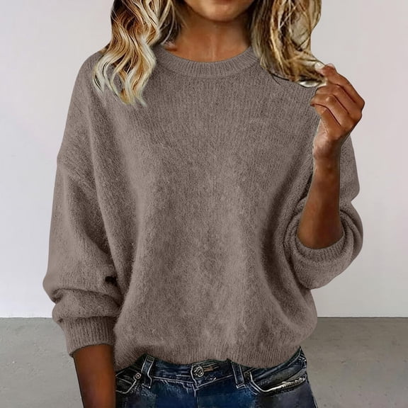 AUNVITO Womens Round Neck Sweater Solid Long Sleeve Pullover Knit Sweater Fall Winter Outfits 2025