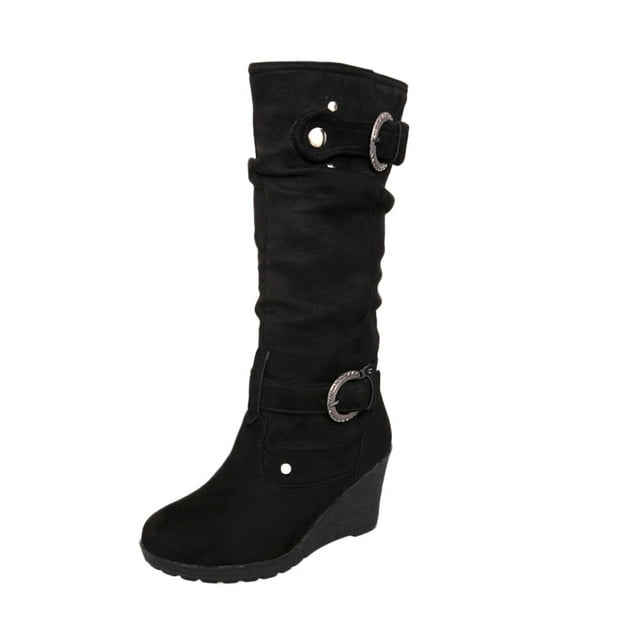 Womens Winter Flat Shoe Round Toe Thicken Wedges Ladies Long Tube Boots