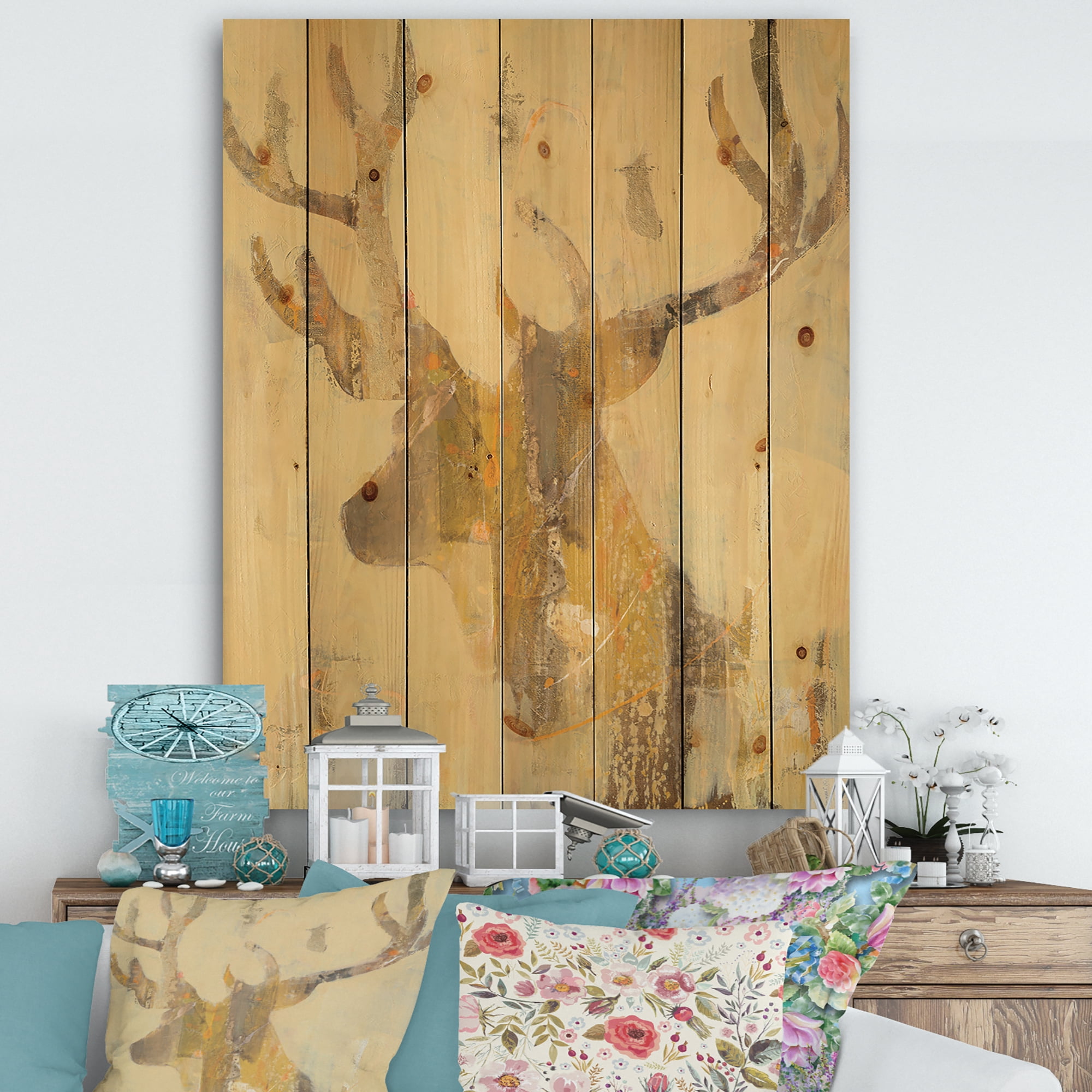Designart 'Golden Deer II' Modern Farmhouse Print on Natural Pine Wood