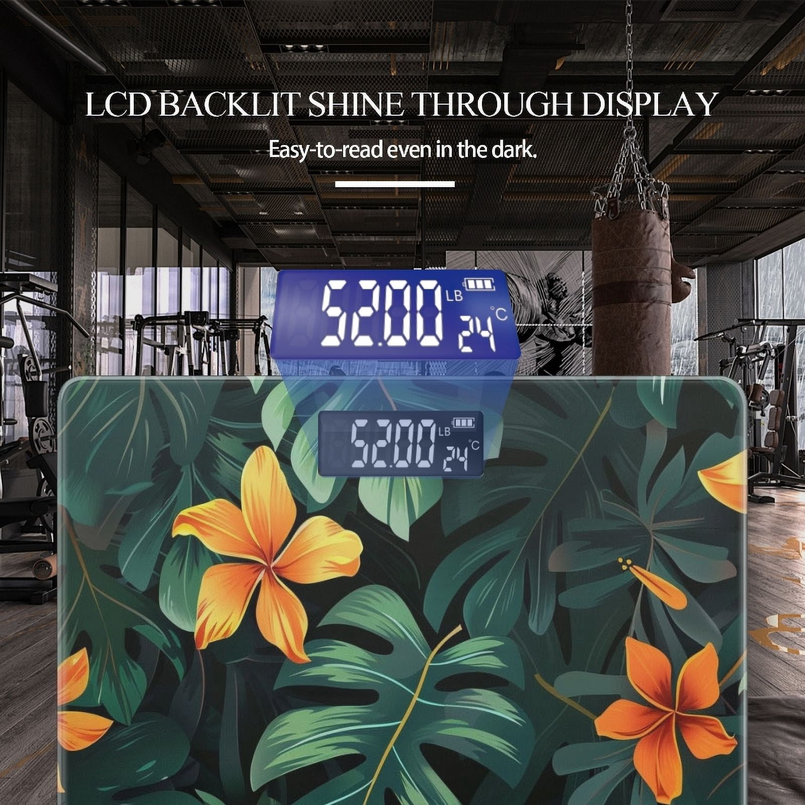 High Precision Body Weight Scale Smart Bathroom Scales with Large LCD Display(400lbs),Decorative for Bedroom-Dark Green Leaves And Vibrant Orange Flower