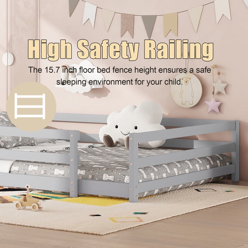 Bellemave Full Montessori Bed with Rails, Wood Full Size Floor Bed Frame with Fence, Low to Ground Bed Frame with Safety Guardrails - Gray