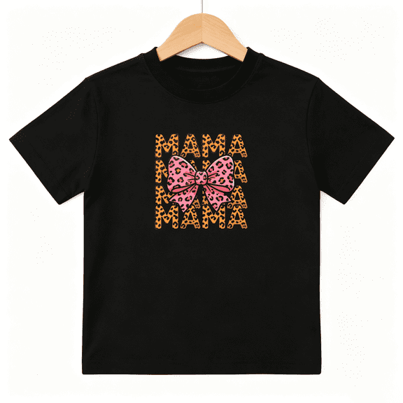 Leopard Print Mama Girls Graphic Tee, Cute Retro Pink Cheetah Bow 100% Cotton Kids Short Sleeve T-Shirt