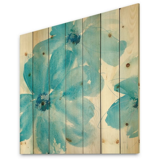 Designart 'Blue Watercolor Flowers' Farmhouse Print on Natural Pine Wood