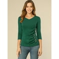 thumbnail image 3 of INSPIRE CHIC Women's Button Decor V Neck 3/4 Sleeve Solid Blouse Knitted Ruched Top, 3 of 6