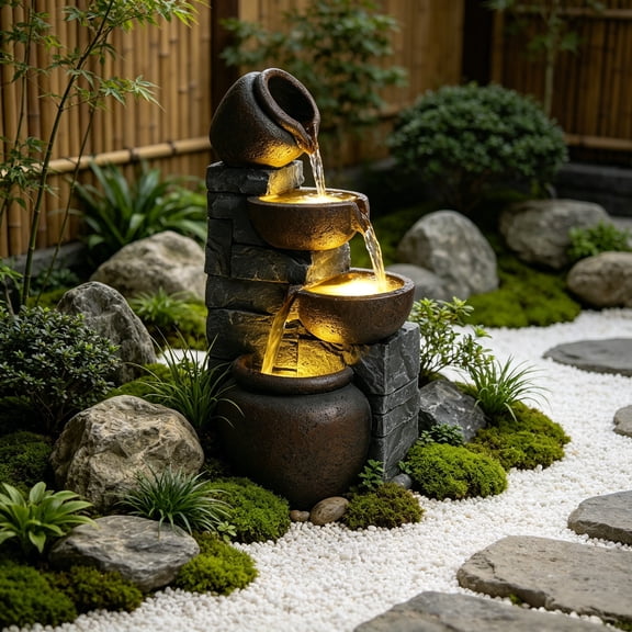 Outdoor Water Fountain with Lights 4 Tier Cascading Pots Resin Stone Look Garden Waterfall Fountain for Patio Yard Porch Landscape
