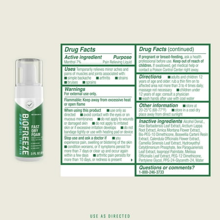 Biofreeze Menthol Pain Relieving Foam 3 FL OZ