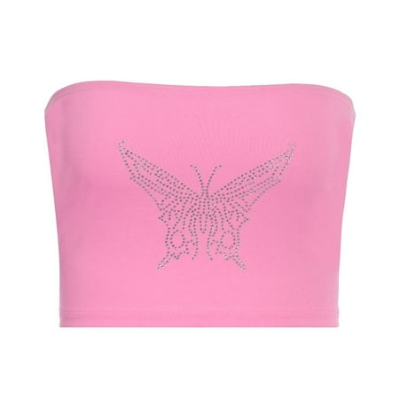 

SPHET Women Sexy Strapless Bandeau Bra Glitter Butterflies Hot Drilling Rhinestone Wrapped Chest Tube Top Bustier Clubwear