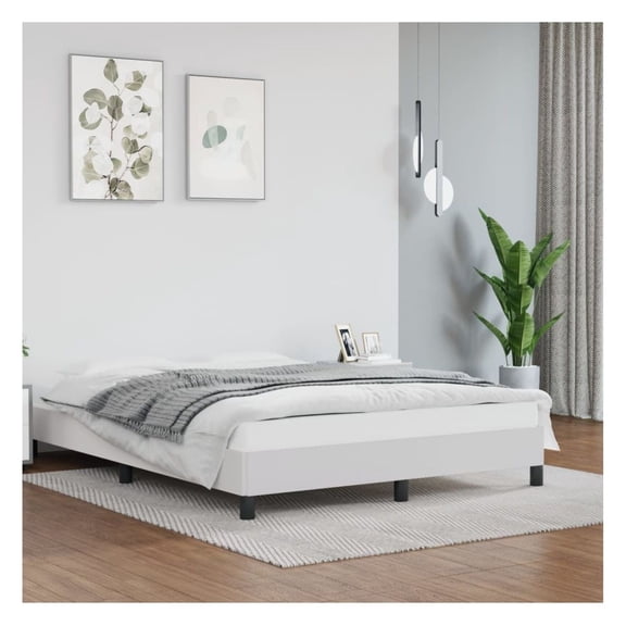 Full Bed Frame White Faux Leather 53.9x74.8, Modern Platform Bed