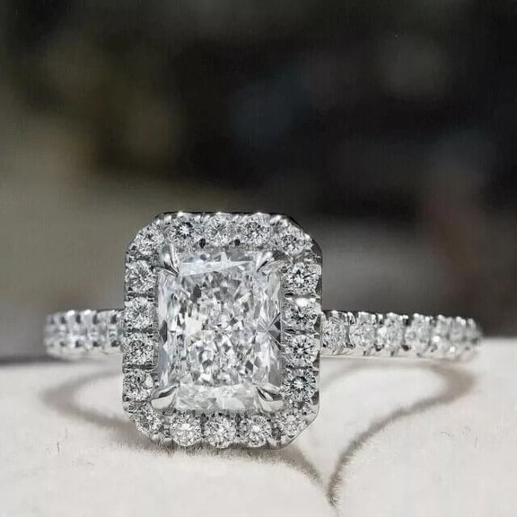 2Ct Emerald Cut Lab Created Diamond Engagement Halo Ring 14K White Gold Plated