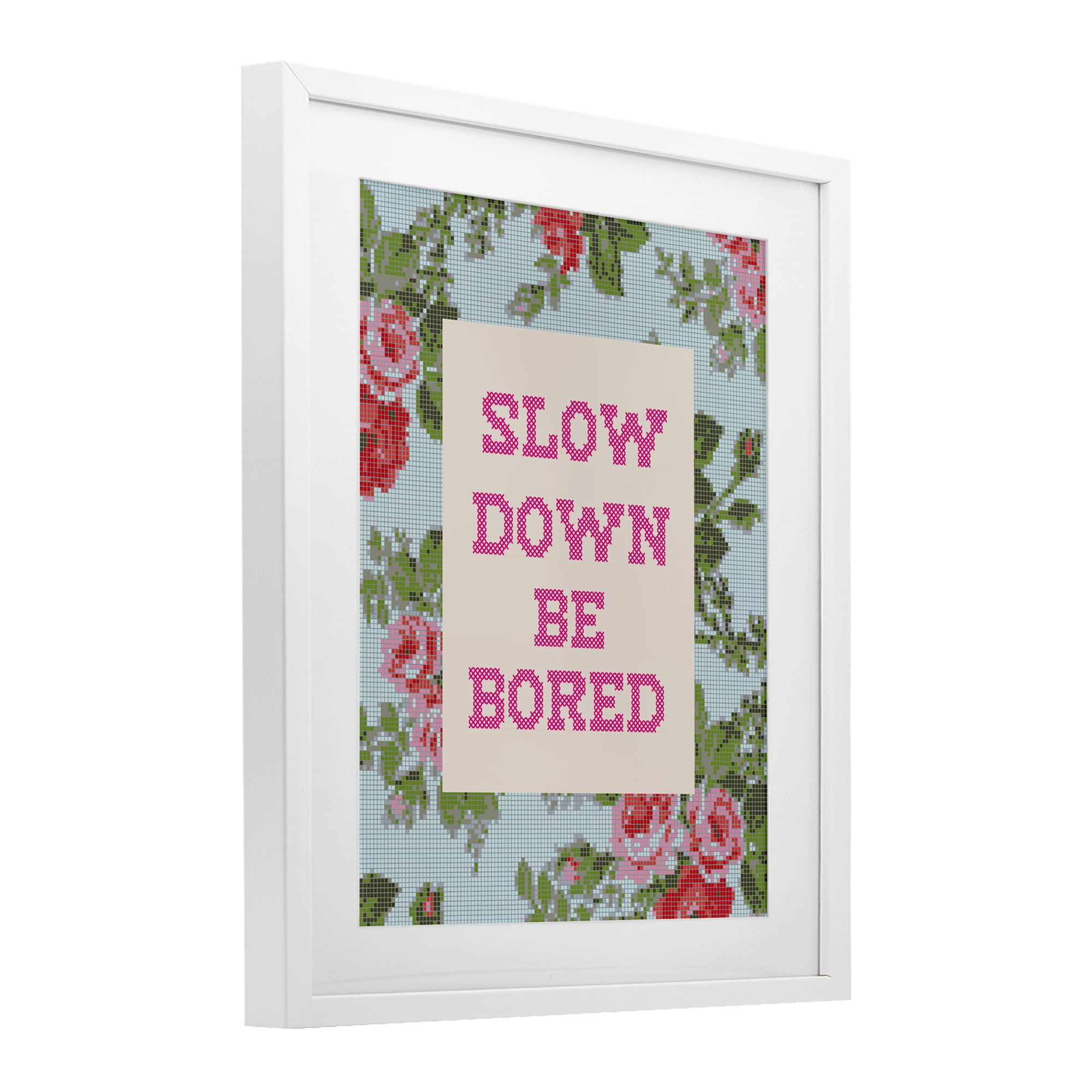 Stupell Industries Slow Down Be Bored Faux Cross Stitch White Framed Print Under Glass, design by Lil' Rue