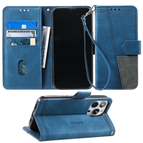 Vintage Wallet Case for iPhone 16 Pro, Premium PU Leather RFID Blocking Card Holder Lanyard Magnetic Closure Kickstand Phone Cover for iPhone 16 Pro, Blue