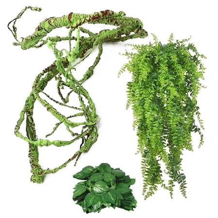 3 PCS Reptile Vines Plants Flexible Bendable Jungle Climbing Vine Terrarium Plastic Plant Leaves Pet Tank Habitat Decor for Bearded Dragons Lizards Geckos Snakes Frogs and More Reptiles