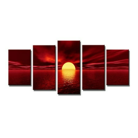 Asewin Sunrise Red Sun Modern 5 Piece Framed Wrapped Landscape Canvas Prints Artwork Ocean Sea Beach Pictures Paintings on Canvas Wall Art for Living Room Bedroom Home (Best Wall Art For Bedroom)