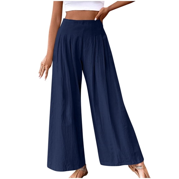 BXINGOHAI Womens Wide Leg Pants Solid High Waist Pant Casual Drawstring Pants 2024 Outdoor Travel Vacation Long Pants Blue,XXL