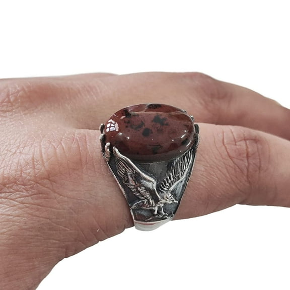 Mahogany Jasper Mans Ring, Natural Mahogany Jasper Ring, Eagle, Silver Jewelry, 925 Silver Ring, Birthday Gift, Heavy Mens Ring, Arabic Design, Ottoman Style Ring, Christmas, Turkey Mens Signet Ring